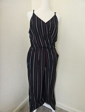 Hollister Striped Blue Wide-Leg Jumpsuit with Red & White Pinstripes